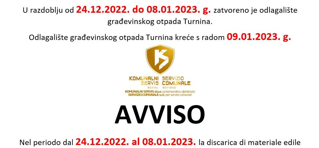 ORARIO LAVORATIVO DELLA DISCARICA EDILE "TURNINA" DURANTE LE FESTIVITA'